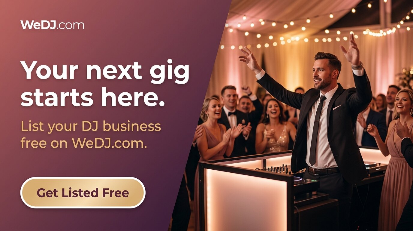 Wedding DJ performing for a cheering reception crowd with WeDJ.com get listed free message
